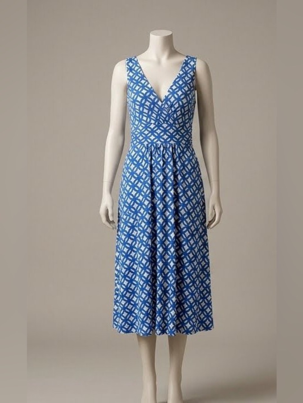Boden Blue and White Sleeveless V-Neck Geometric Dress